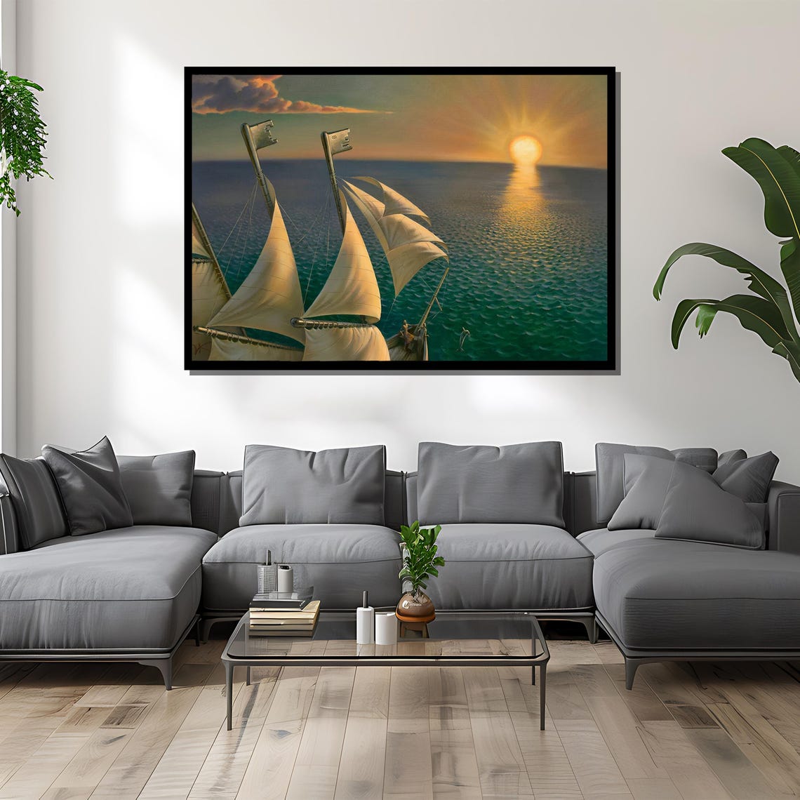 Surreal Ship with Key Shaped Masts Sailing Into the Sunset Poster - Image 4