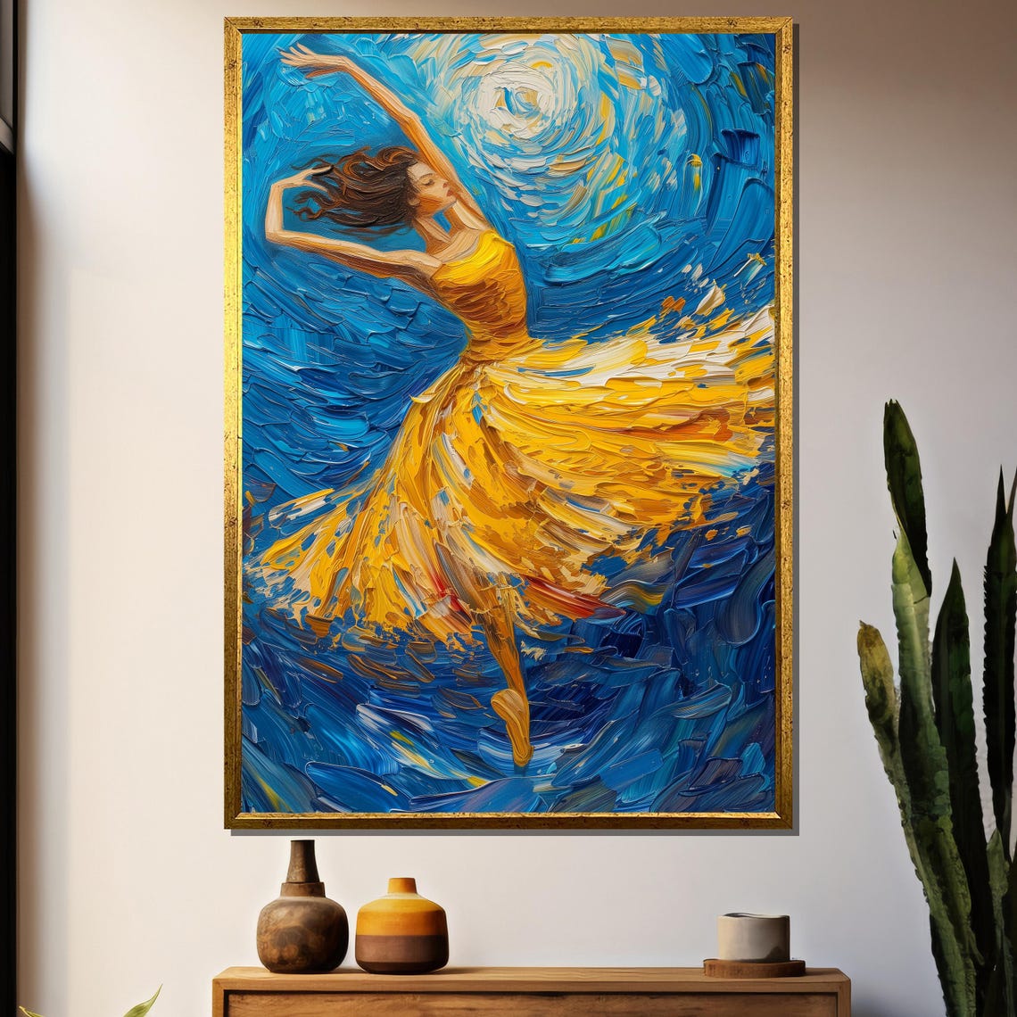 Van Gogh Style Dancer In Yellow Dress On Blue Night Sky Poster