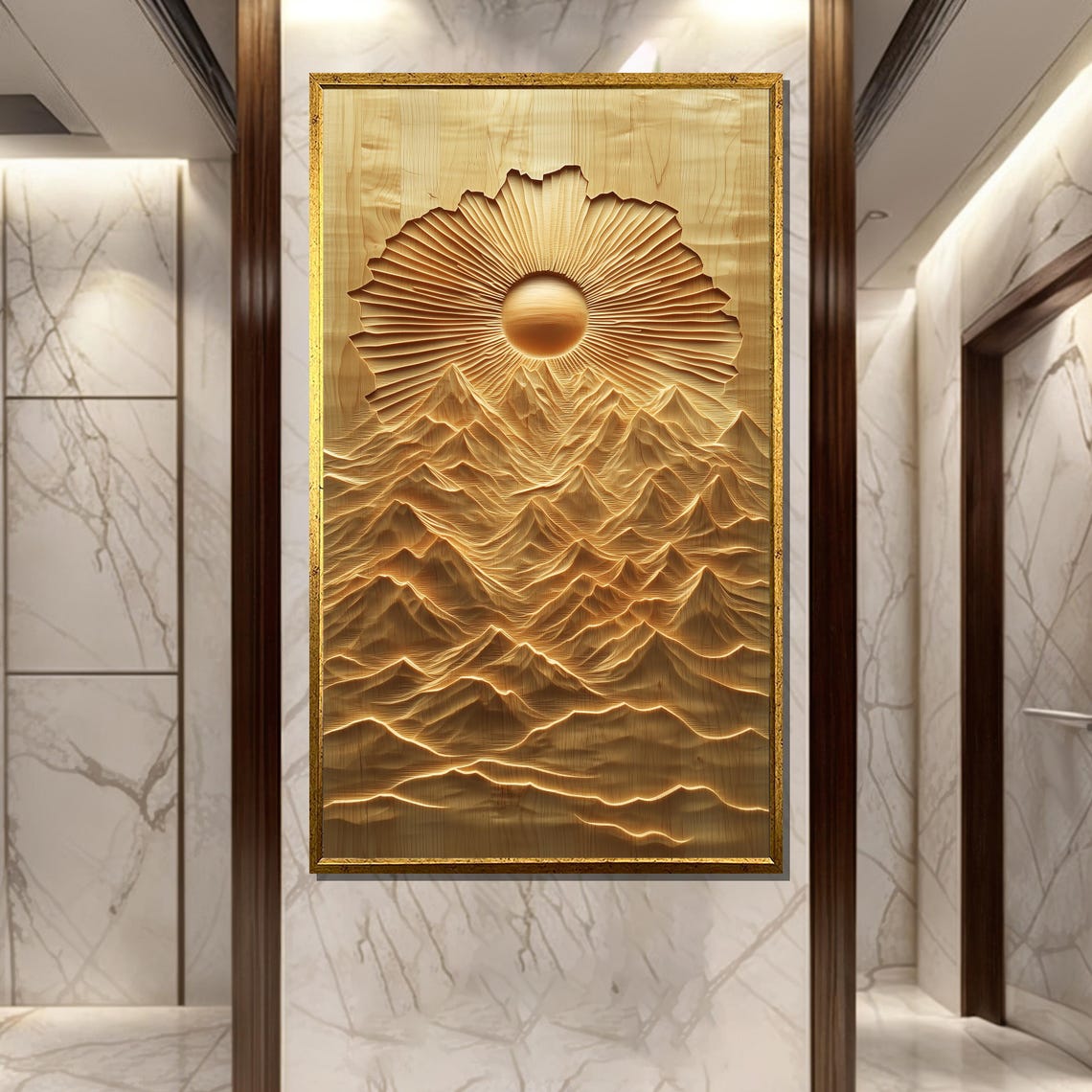 Golden Sunrise Carved Wood Intricate Mountain Bas Relief Art Gift For Elegant Home Decor