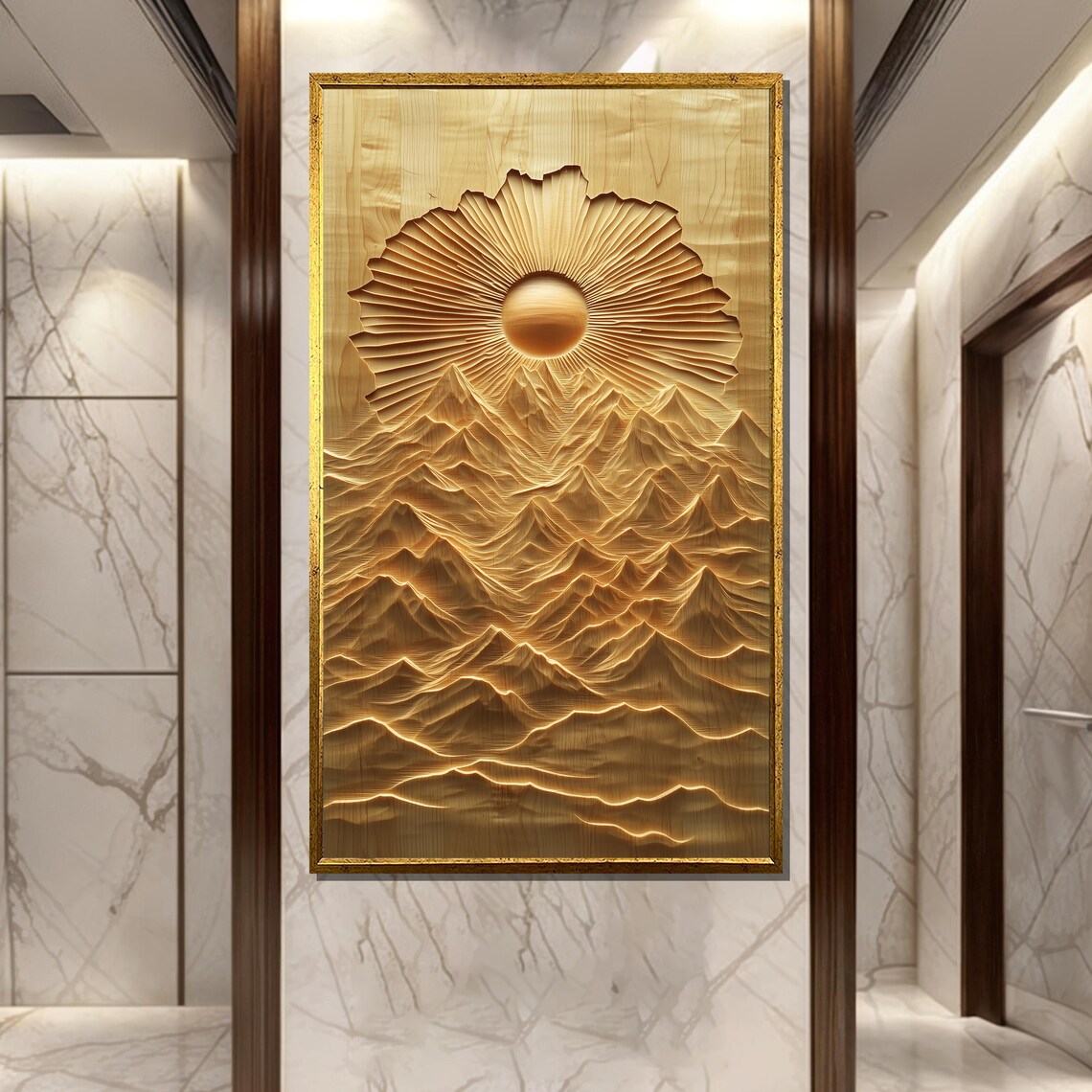 Large Golden Sun Rising Over Carved Wooden Mountain Ridges Poster