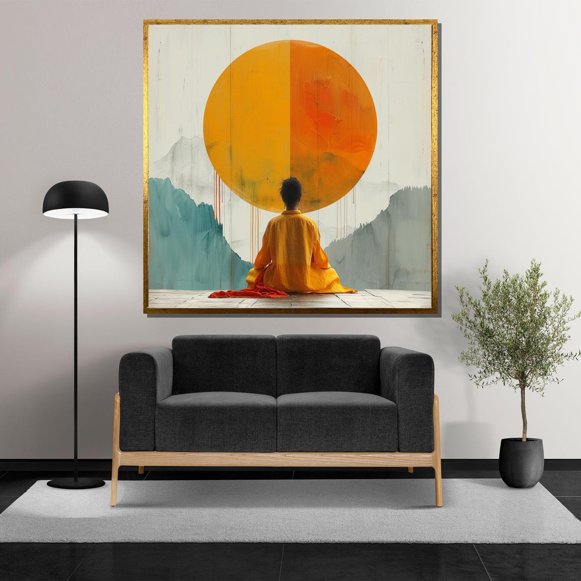 Meditating Figure Before Giant Orange Sun Over Teal Mountains Poster - Image 5