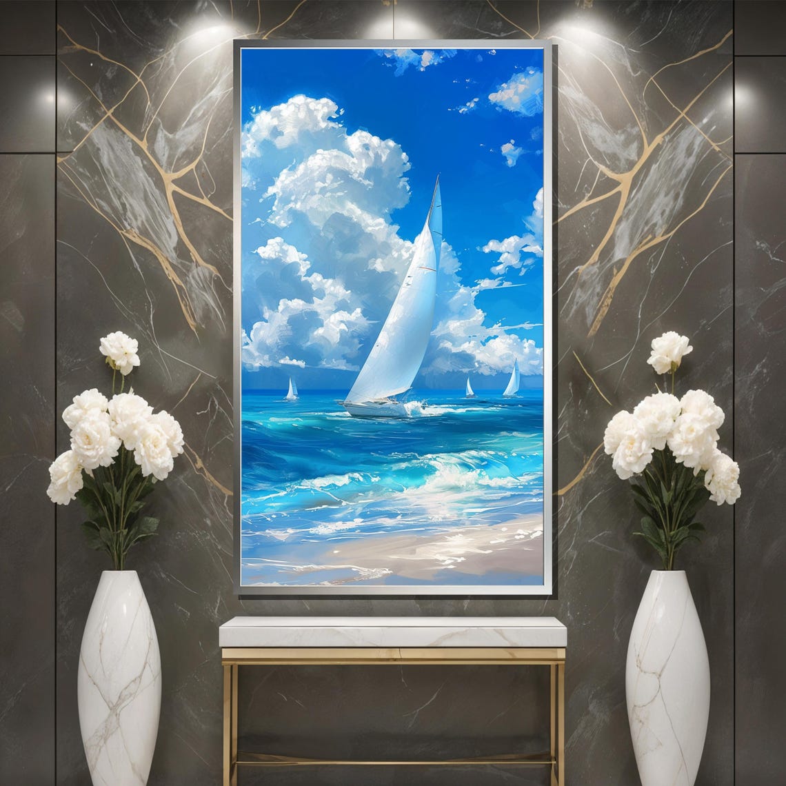 Sailing Boats On A Vibrant Blue Ocean Scenic Nautical Painting Ideal Gift For Ocean Lovers And Coastal Dcor Enthusiasts - Image 3