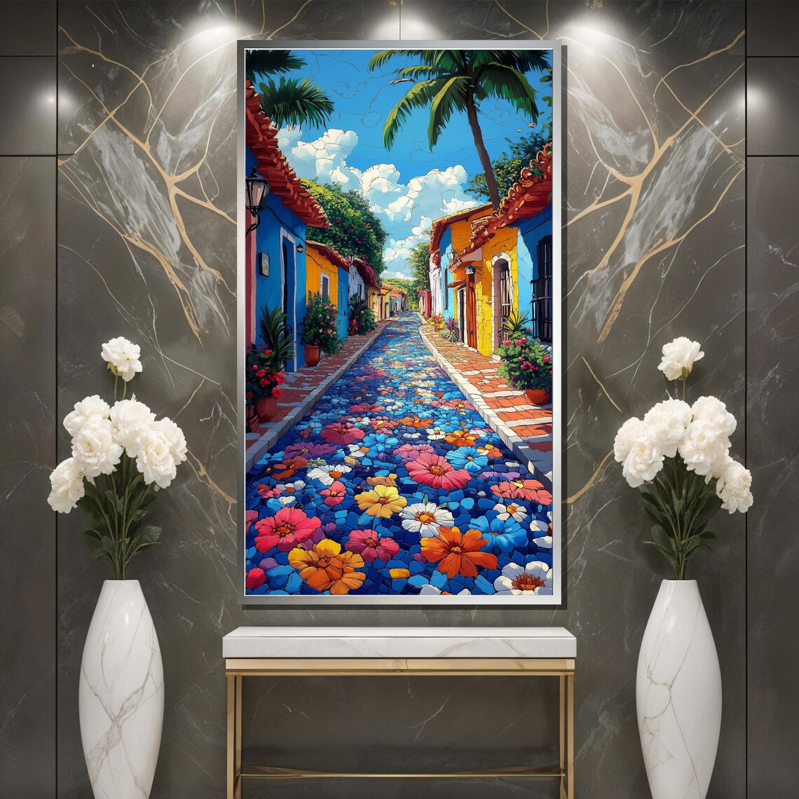 Colorful Flower Covered Street with Colonial Houses and Palms Poster - Image 3