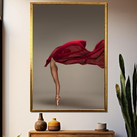Ballerina En Pointe With Red Sheer Fabric Flowing Overhead Poster