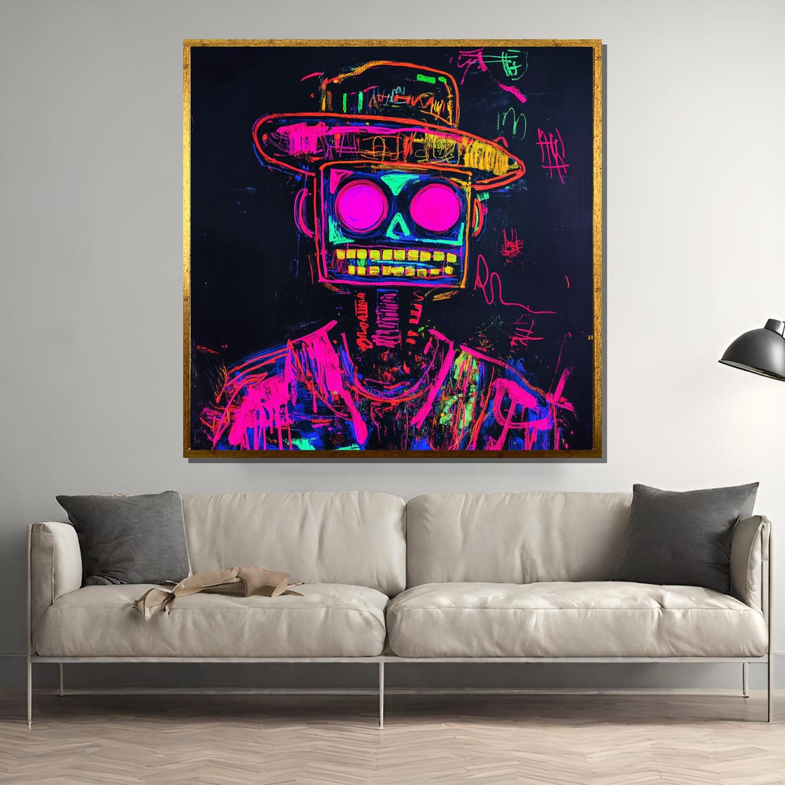 Neon Skull Painting Basquiat Inspired Graffiti Art Abstract Street Art Vibrant Urban Wall Decor Modern Pop Art Gift