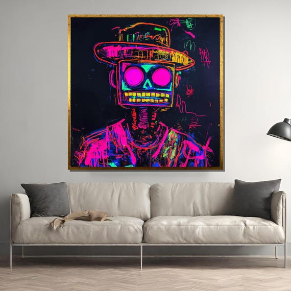 Neon Skull Painting Basquiat Inspired Graffiti Art Abstract Street Art Vibrant Urban Wall Decor Modern Pop Art Gift