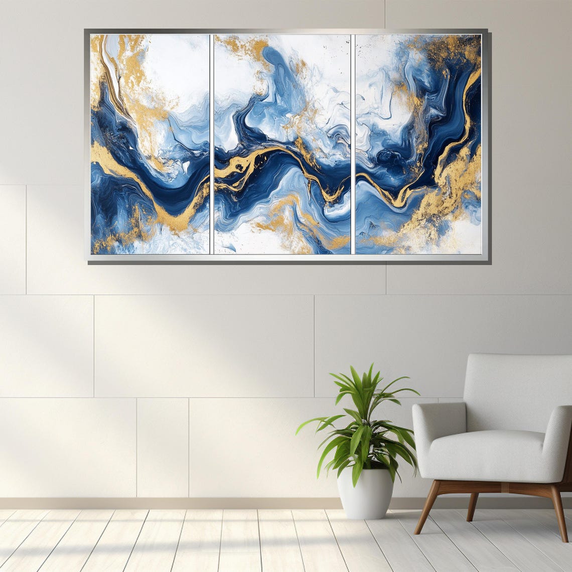 Elegant Blue And Gold Triptych Marble Swirl Abstract Art Poster - Image 3