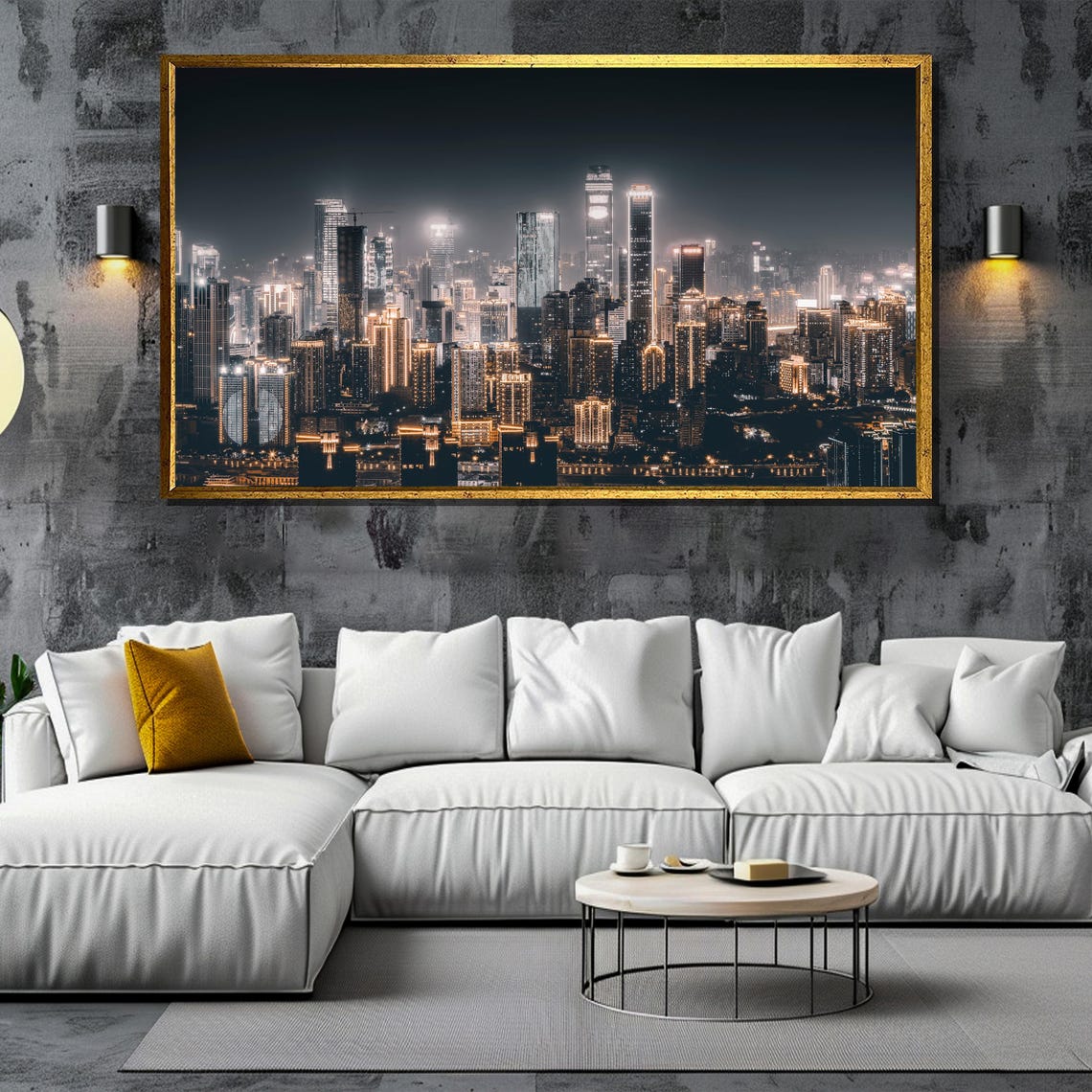 Modern City Skyline at Night with Illuminated Skyscrapers Poster - Image 5