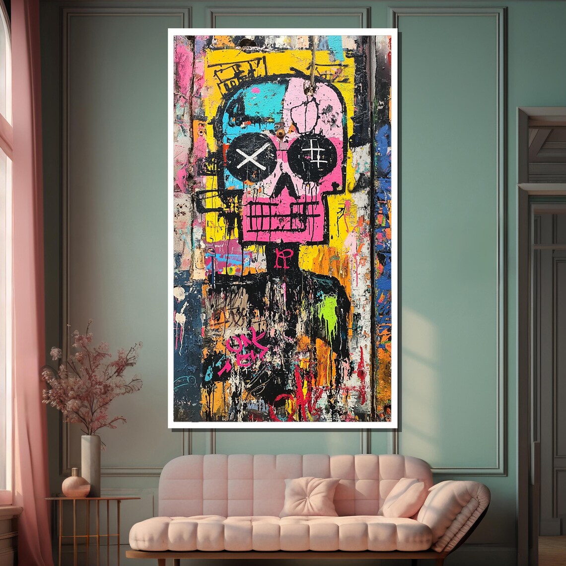 Basquiat-Inspired Neon Skull with X Eyes on Dripping Paint Canvas Poster - Image 2