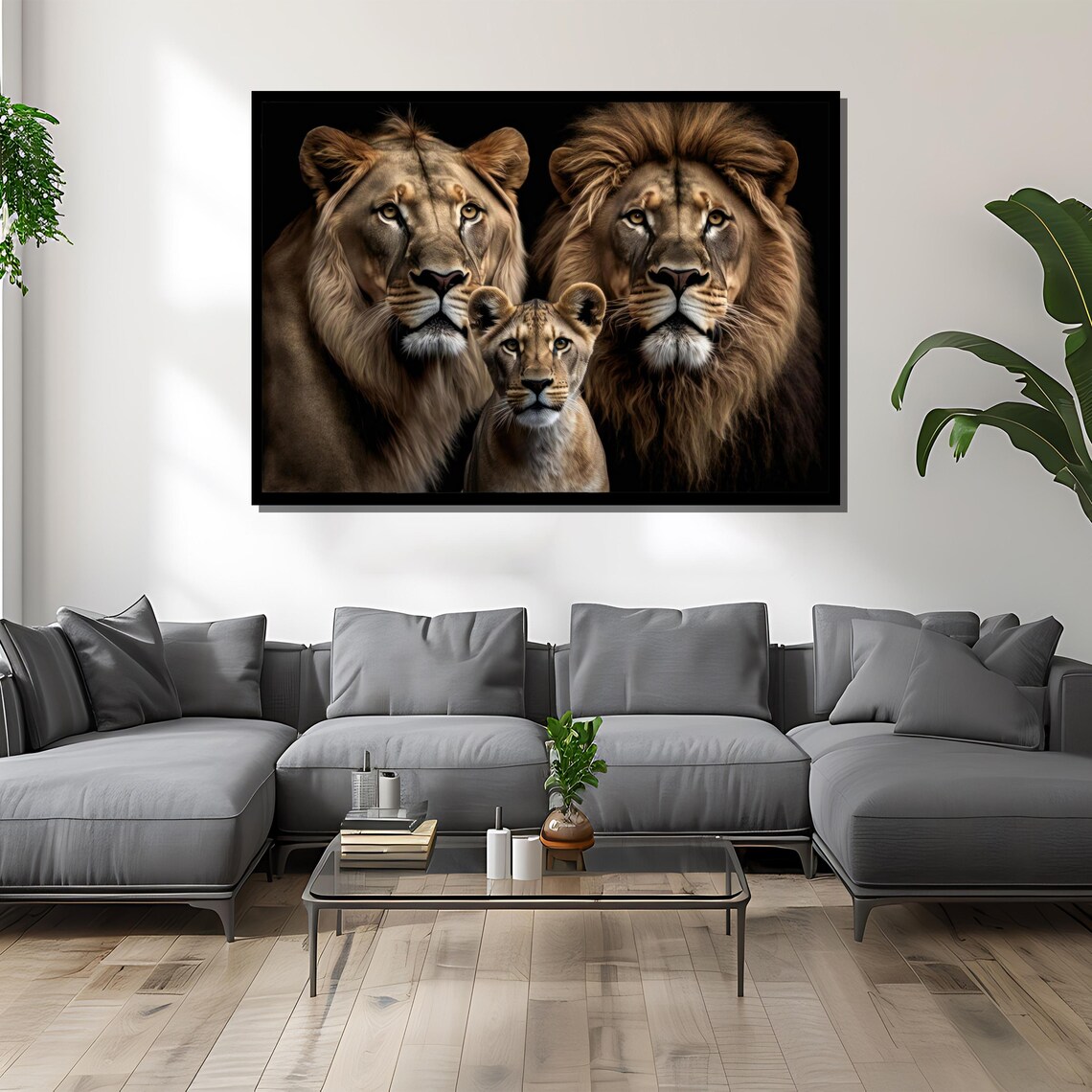 Lion Family With Cub Majestic Wildlife Portrait On Dark Background Poster - Image 4