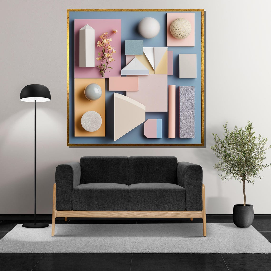 Soft Pastel Geometric Blocks with Spheres and Blossom Branch Poster - Image 5