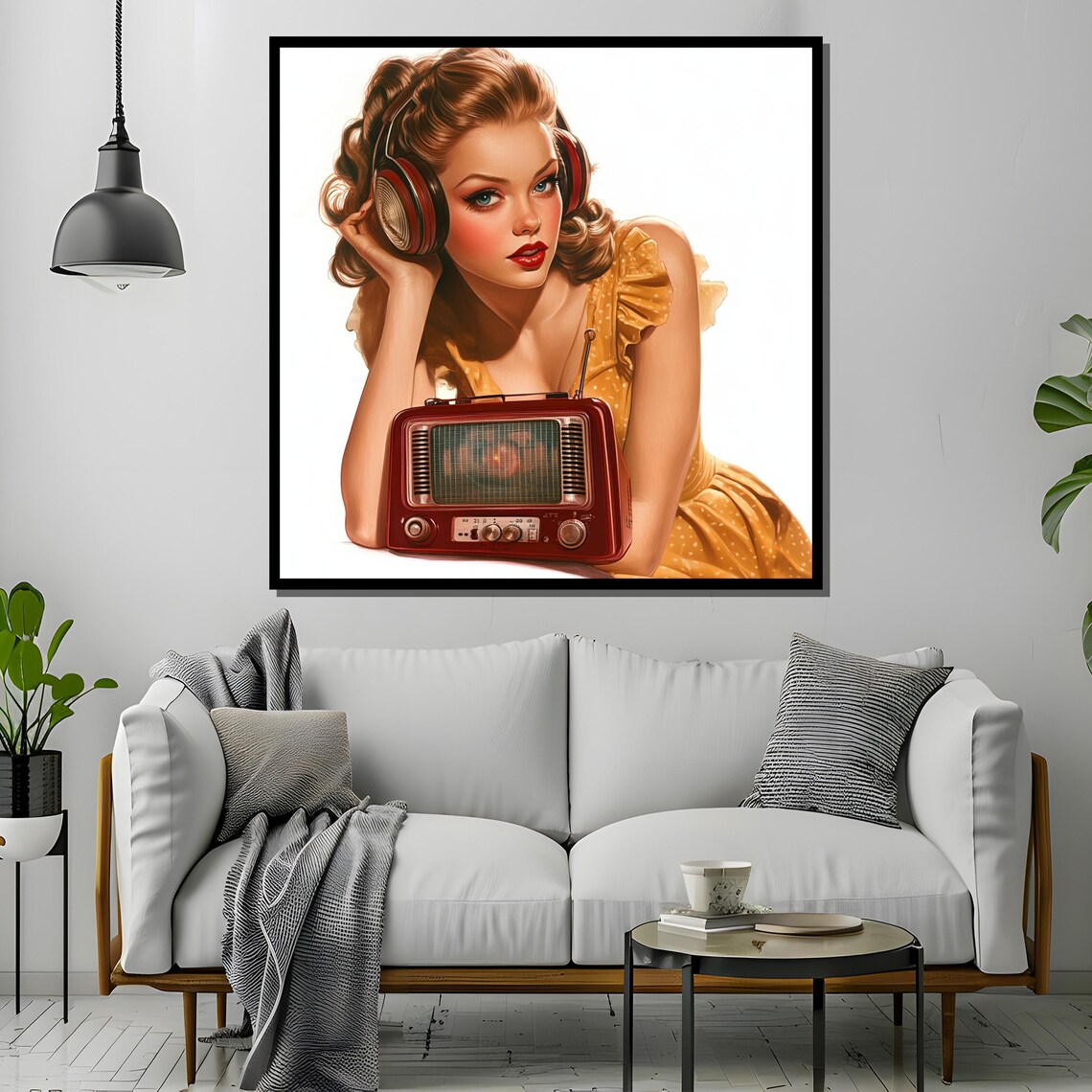 Retro Pin Up Girl with Headphones and Vintage Red Radio Poster - Image 4