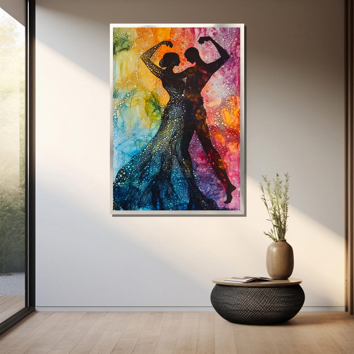 Dancing Couple Silhouette in Colorful Watercolor Splashes Poster - Image 3