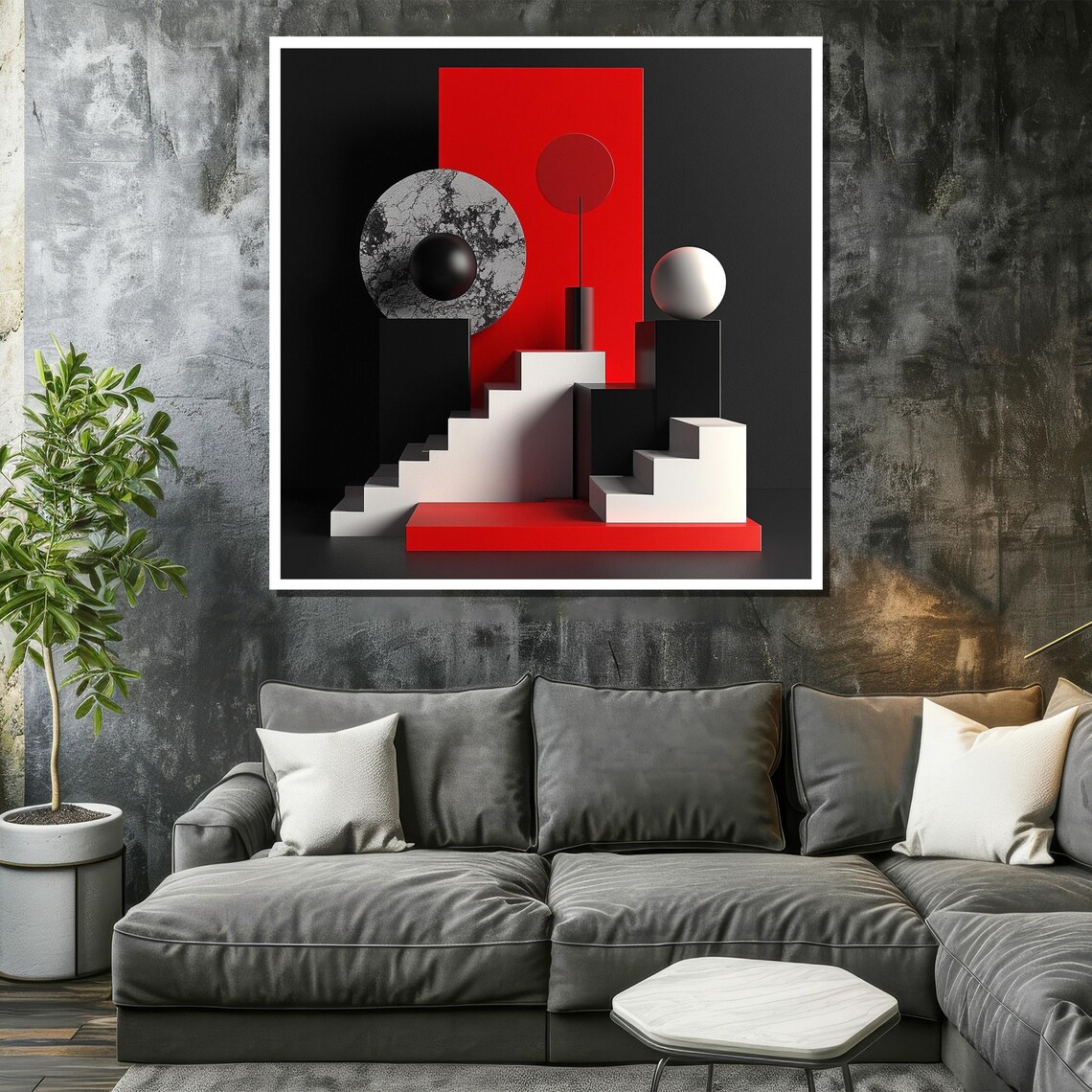 Black Red and White Geometric Stairs and Moon Abstract Poster - Image 2
