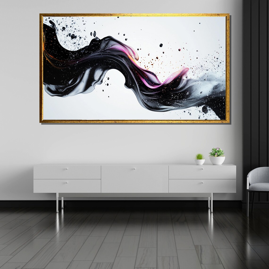 Dynamic Abstract Fluid Art On Black Pink And Orange Splashes On Minimalist White Background - Image 5