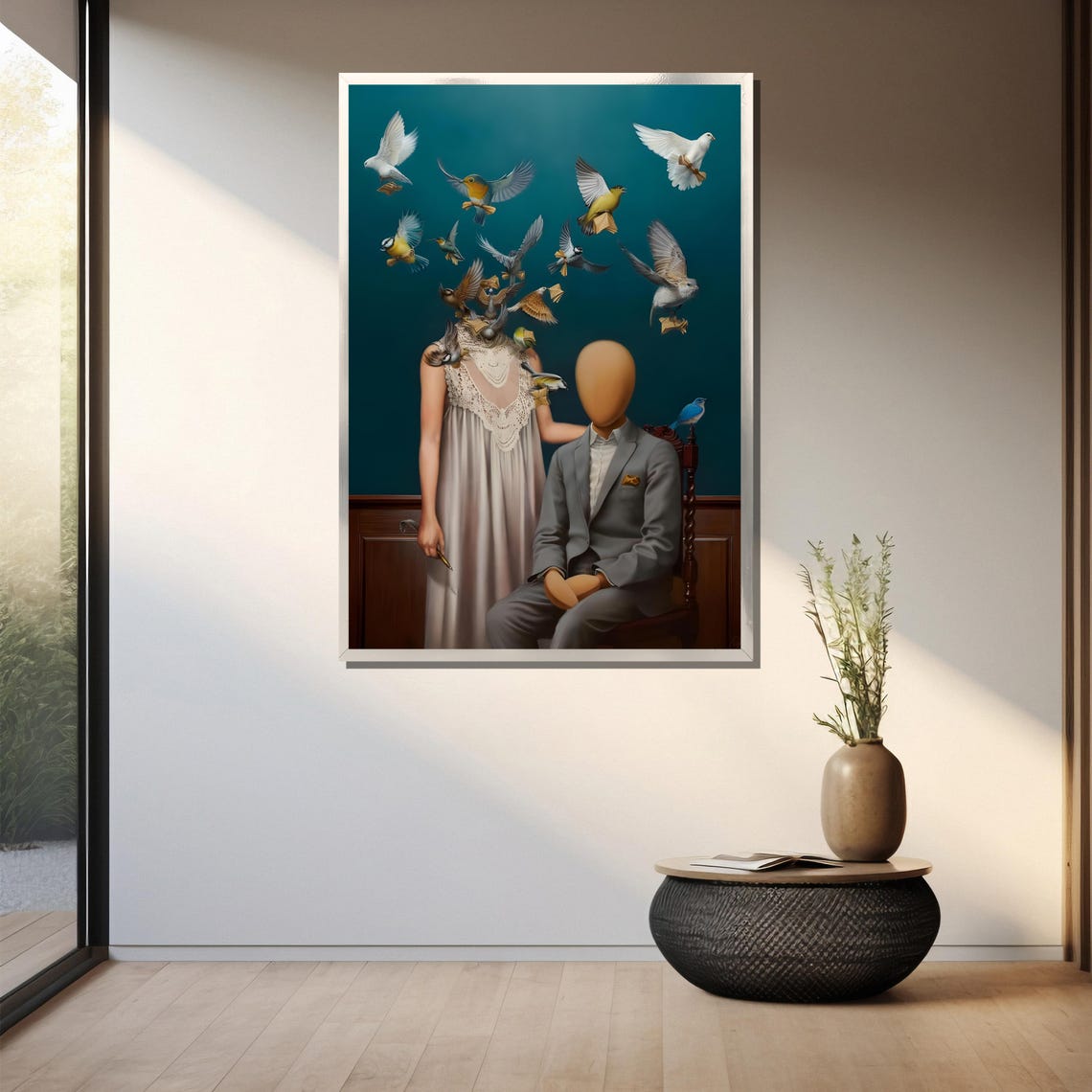 Surreal Faceless Couple with Birds Flying from Her Mind Poster - Image 3