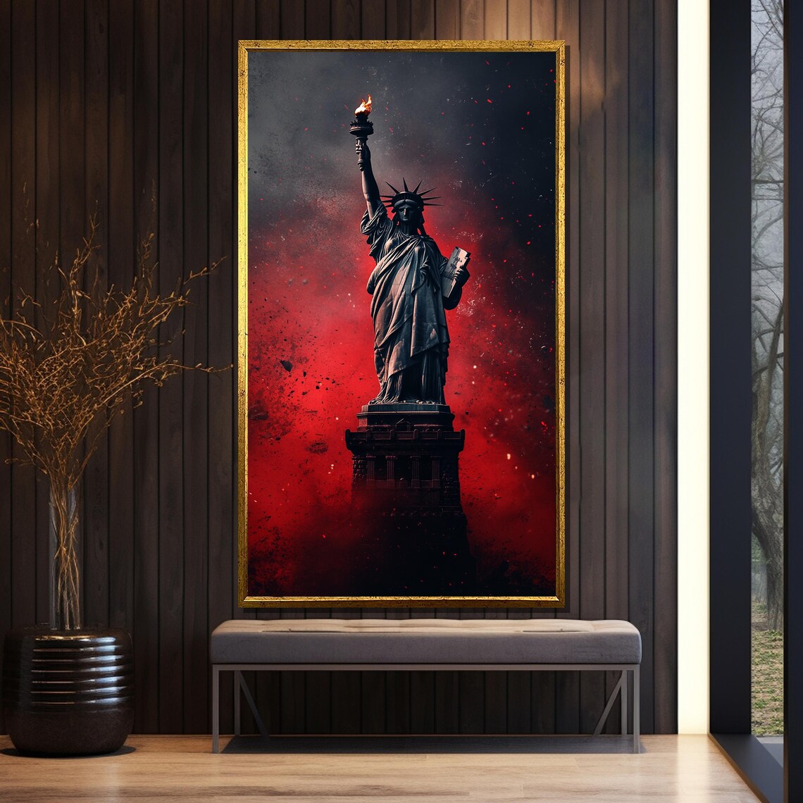 Dark Statue Of Liberty Beneath A Dramatic Red Storm Sky Poster - Image 5