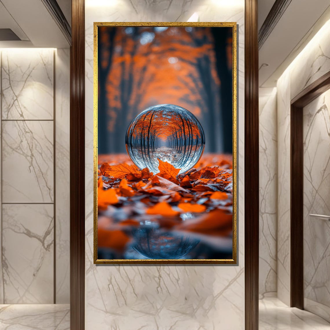 Crystal Ball Reflecting Autumn Forest on Bed of Fallen Leaves Poster