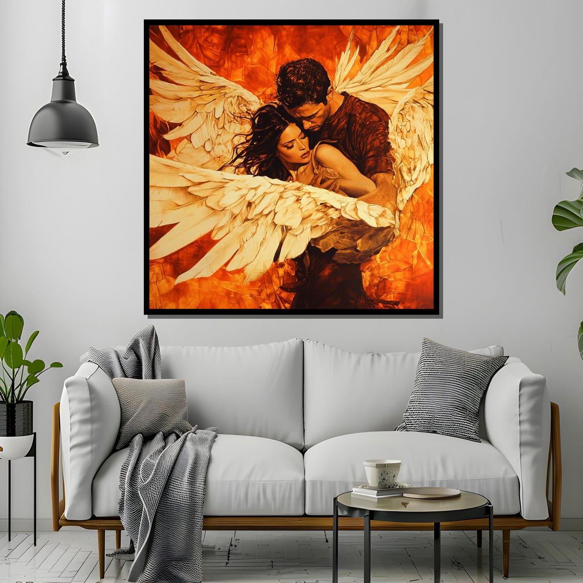 Angel Winged Lovers Embrace in Fiery Golden Sunset Glow Poster - Image 4