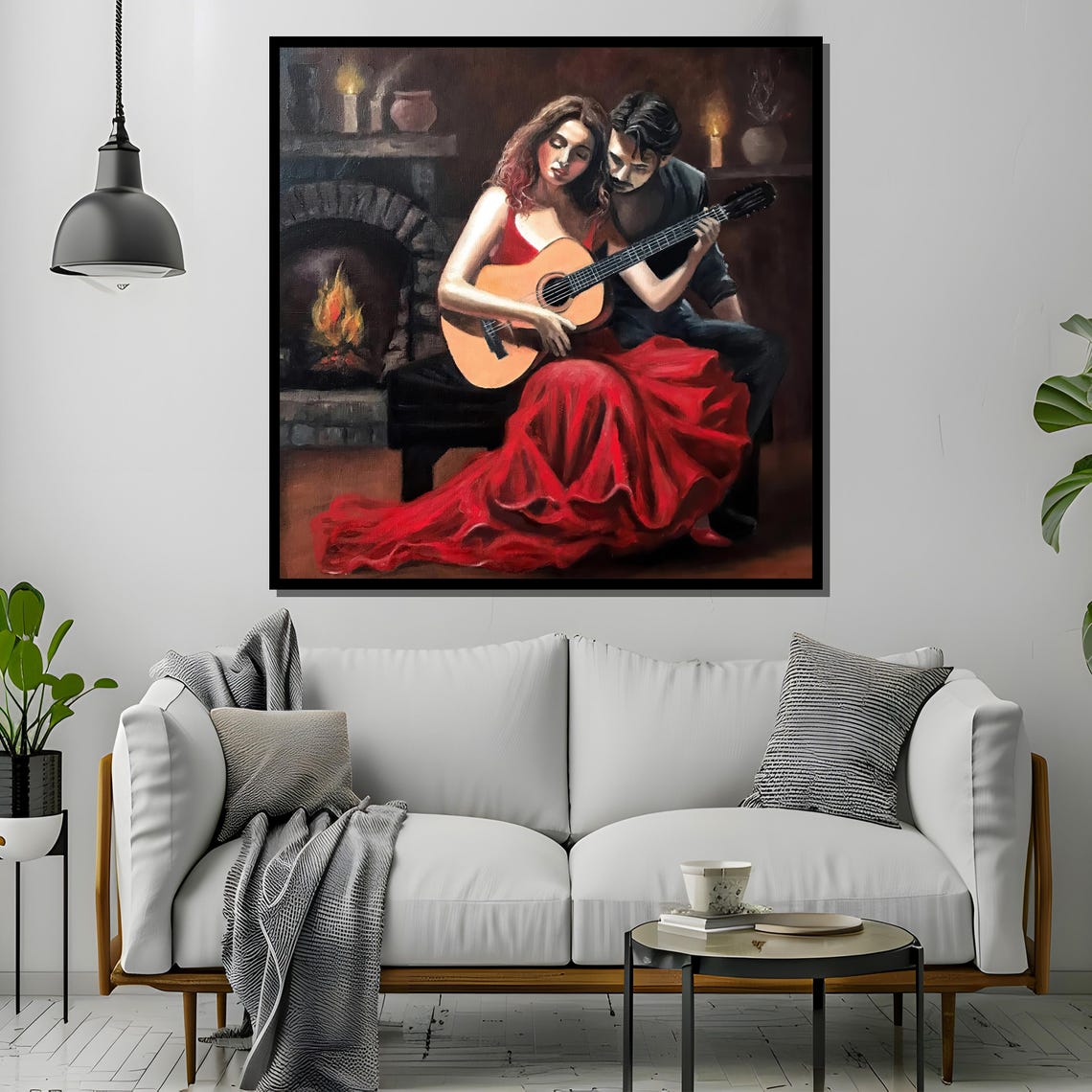 Intimate Fireplace Serenade Guitar Lovers in Red Gown Poster - Image 4