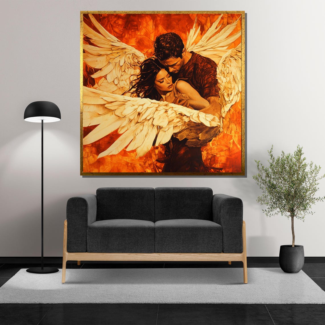 Angel Winged Lovers Embrace in Fiery Golden Sunset Glow Poster - Image 5