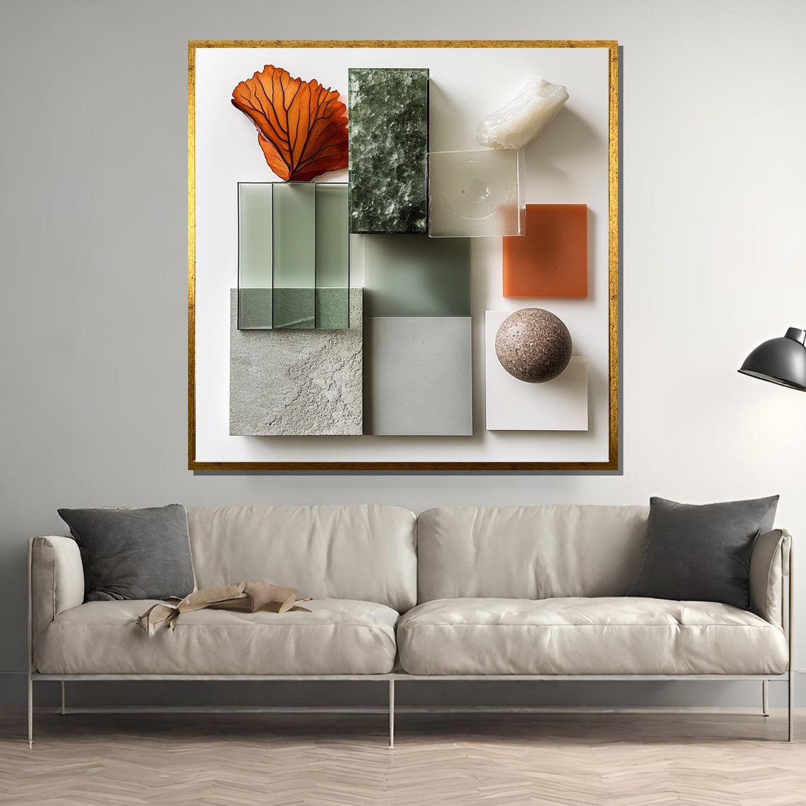 Minimalist Nature Collage Green Marble Leaf Stone Sphere Wall Art
