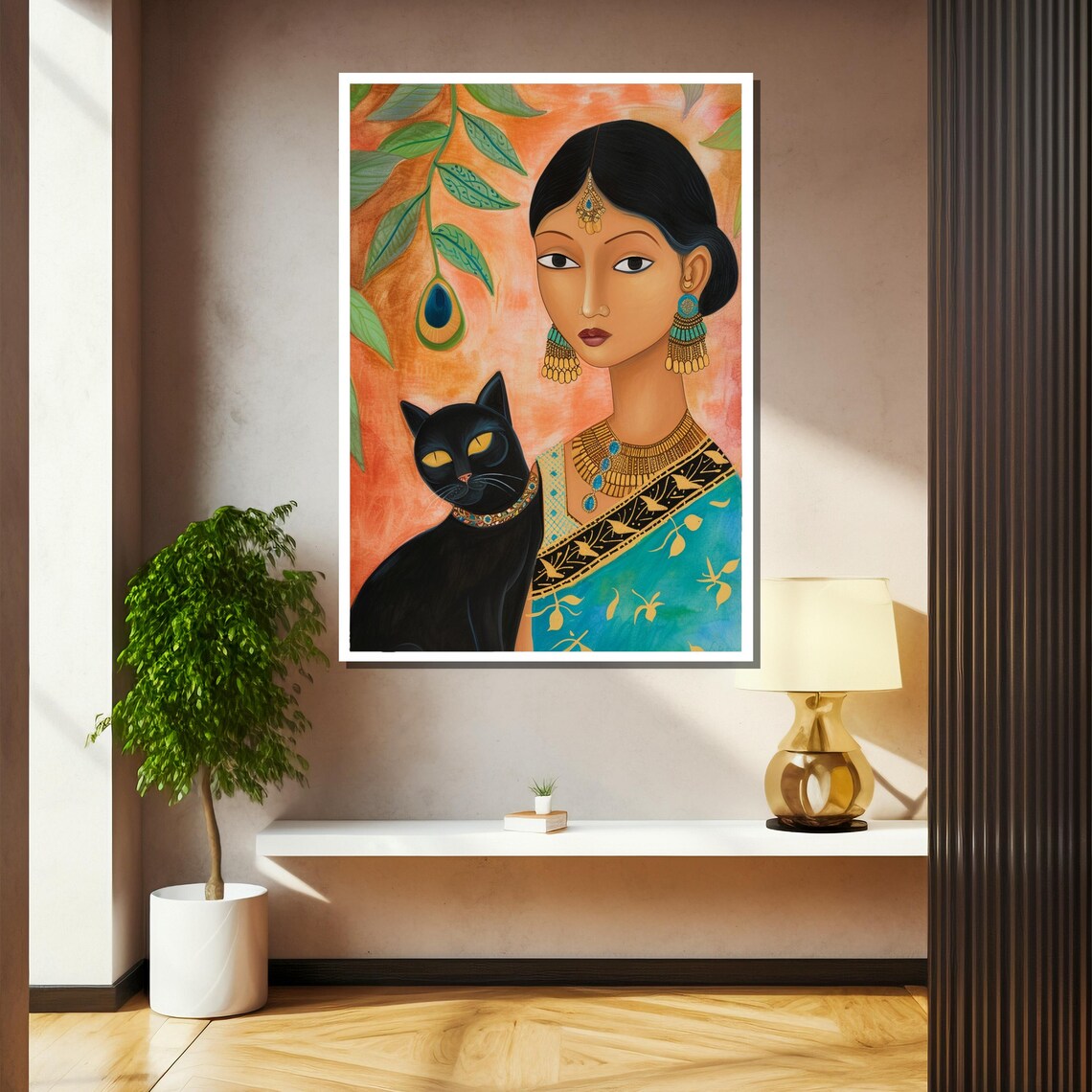 Elegant Indian Woman With Black Cat Traditional Ethnic Wall Art - Image 2