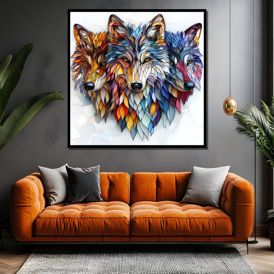 Three Colorful Mosaic Wolves in Vibrant Feather Pattern Modern Poster - Image 4