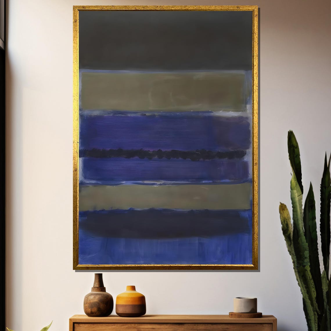 Layered Deep Blue And Olive Green Stripes Abstract Art Poster