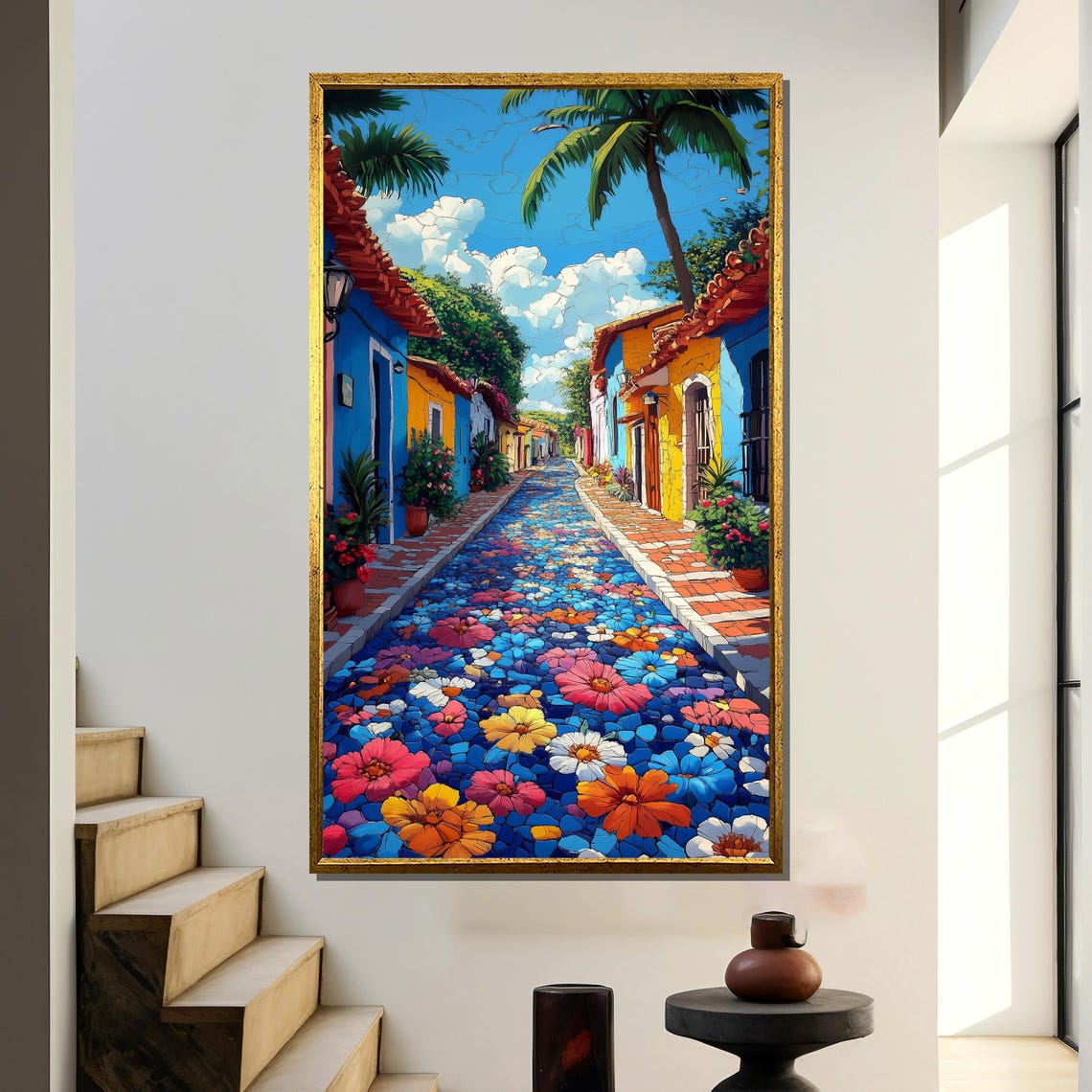Colorful Flower Covered Street with Colonial Houses and Palms Poster