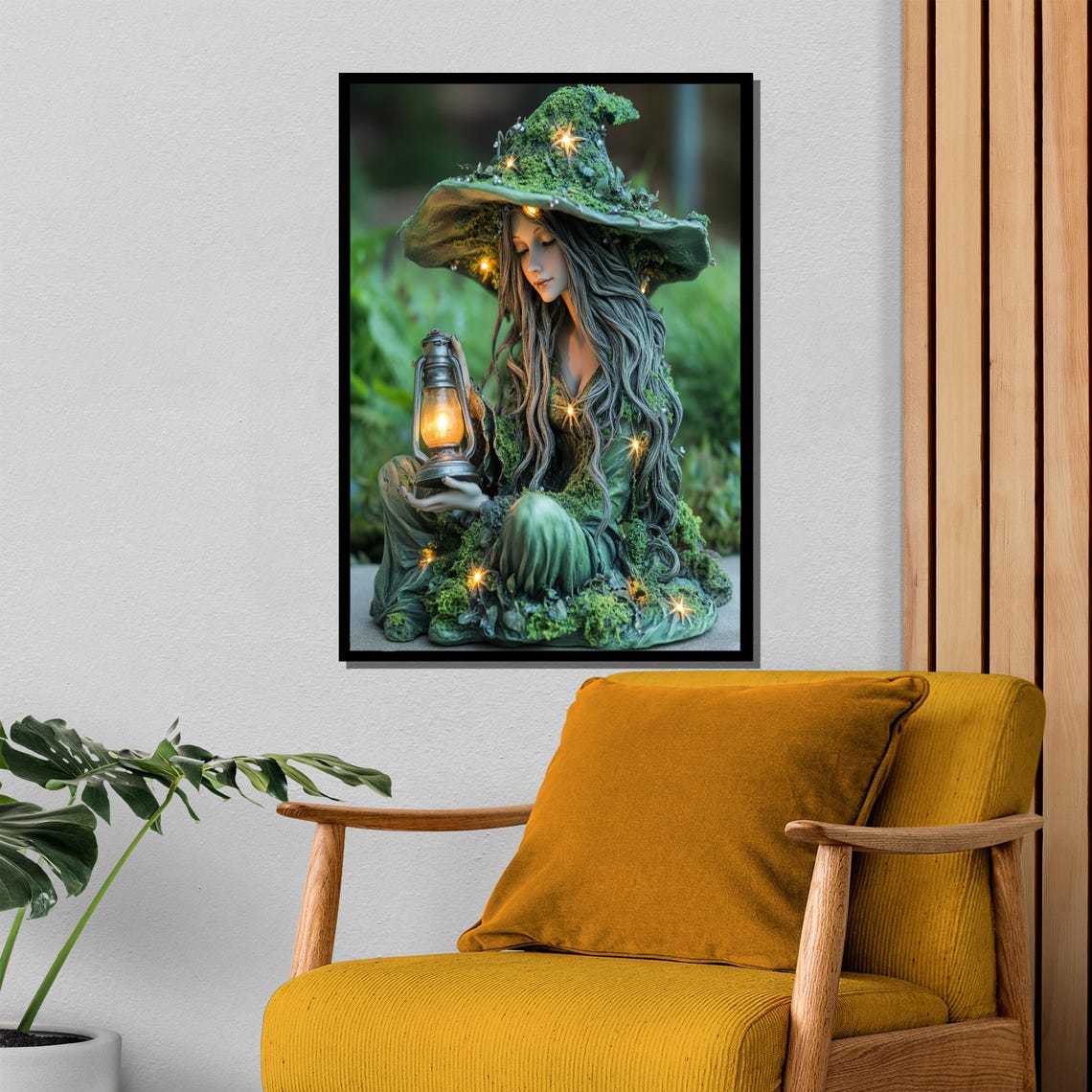 Enchanting Moss Witch Illuminated Forest Sorceress Sculpture - Image 4