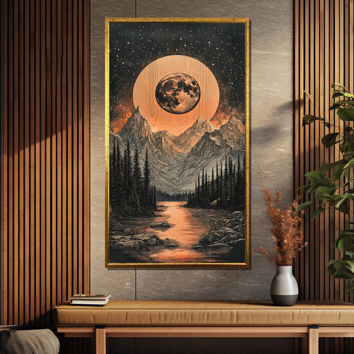 Moonlit Mountain Lake Full Moon Starry Night Engraving Poster - Image 5