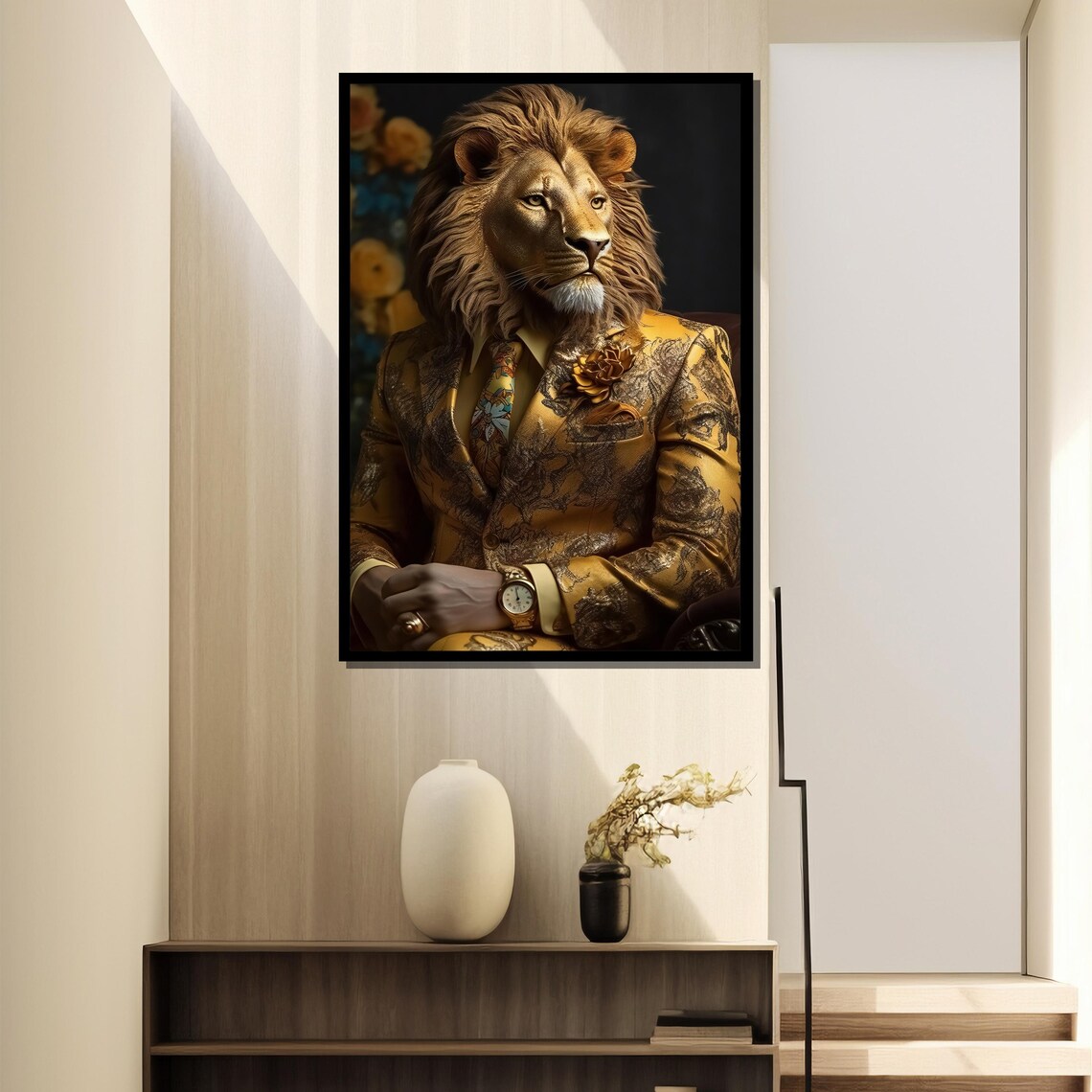 Dapper Lion In Ornate Gold Suit With Tie Regal Portrait Art Poster - Image 4