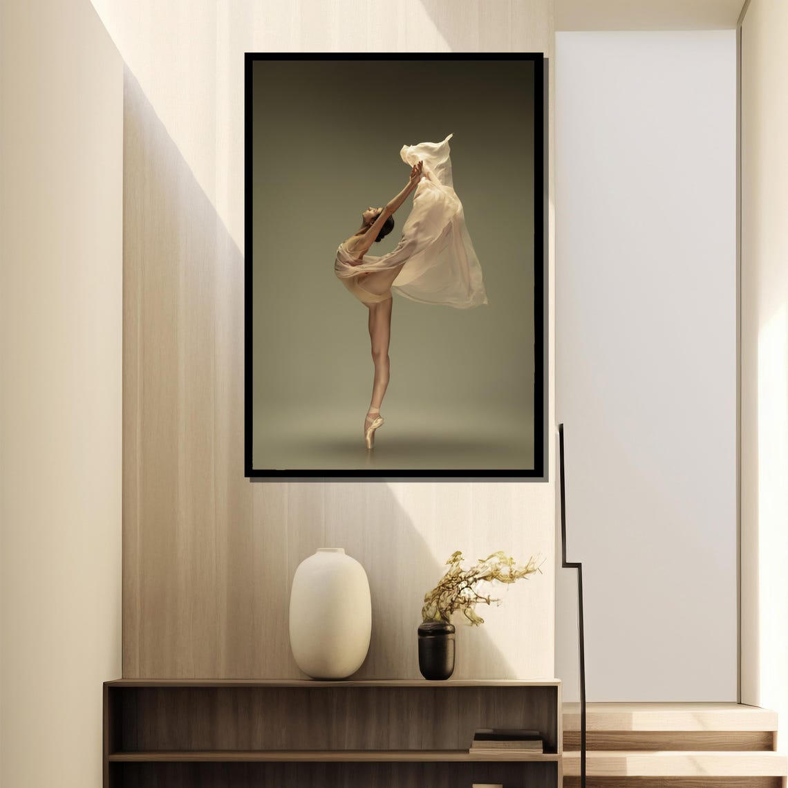 Ballerina On Pointe In White Flowing Fabric Studio Shot Poster - Image 4