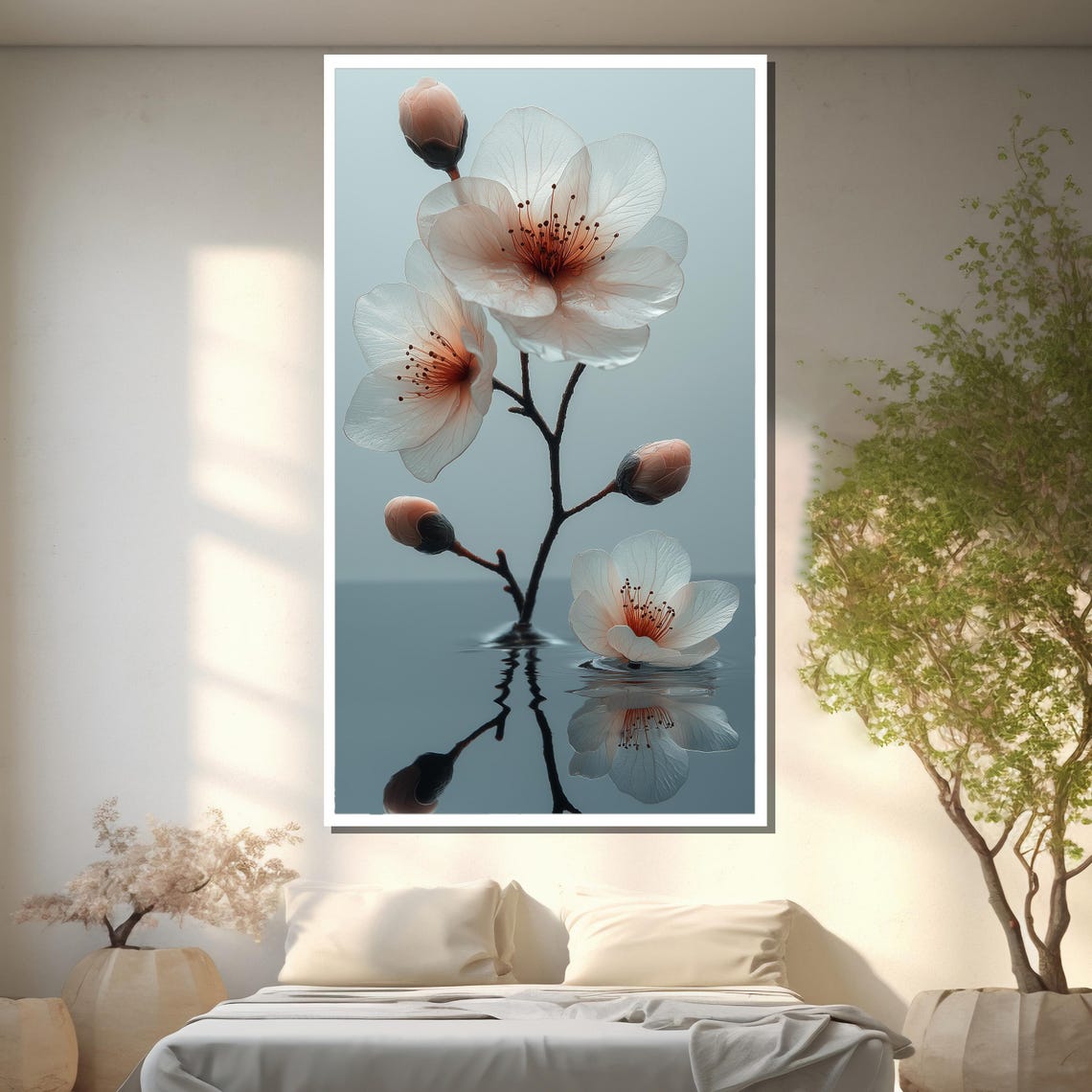 Translucent Blush Blossoms Reflected in Calm Water Floral Poster - Image 2