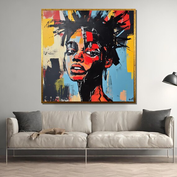 Basquiat-Inspired Expressionist Woman Portrait in Bold Red and Blue Poster