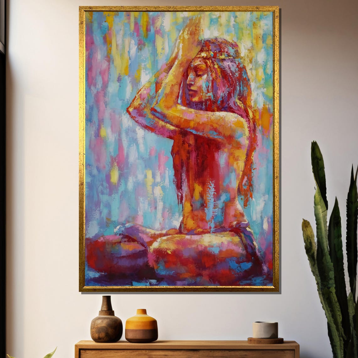 Colorful Abstract Woman Meditating In Prayer Pose Vibrant Zen Poster