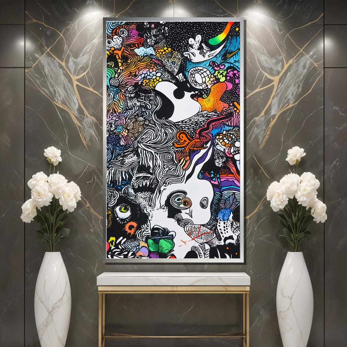 Abstract Surreal Doodle Painting Black And White Psychedelic Art Graffiti Wall Decor Intricate Modern Artwork Bold Statement Gift - Image 3