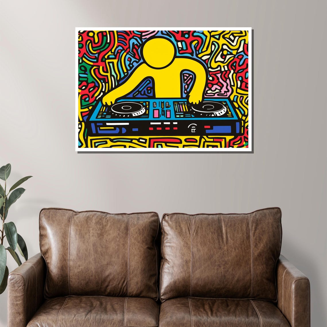 Keith Haring-Inspired Yellow DJ at Turntables Pop Art Music Poster - Image 2