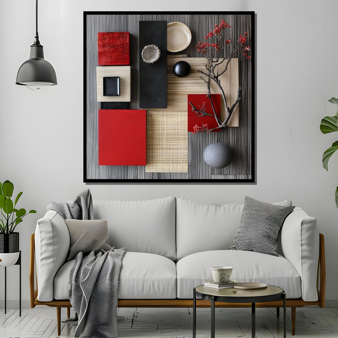 Japanese Minimalist Still Life with Red Blocks and Berry Branch Poster - Image 4