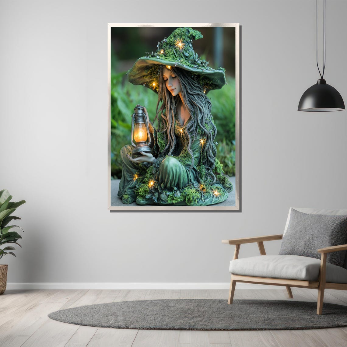 Enchanting Moss Witch Illuminated Forest Sorceress Sculpture - Image 3