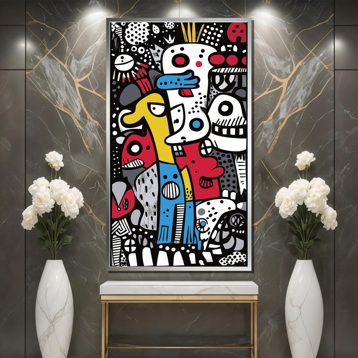 Playful Doodle Characters in Black White Red and Blue Graffiti Poster - Image 3