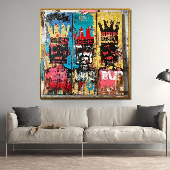 Basquiat Triptych Painting Abstract Graffiti Art Urban Street Art Wall Decor Bold Skull King Artwork Contemporary Statement Gift