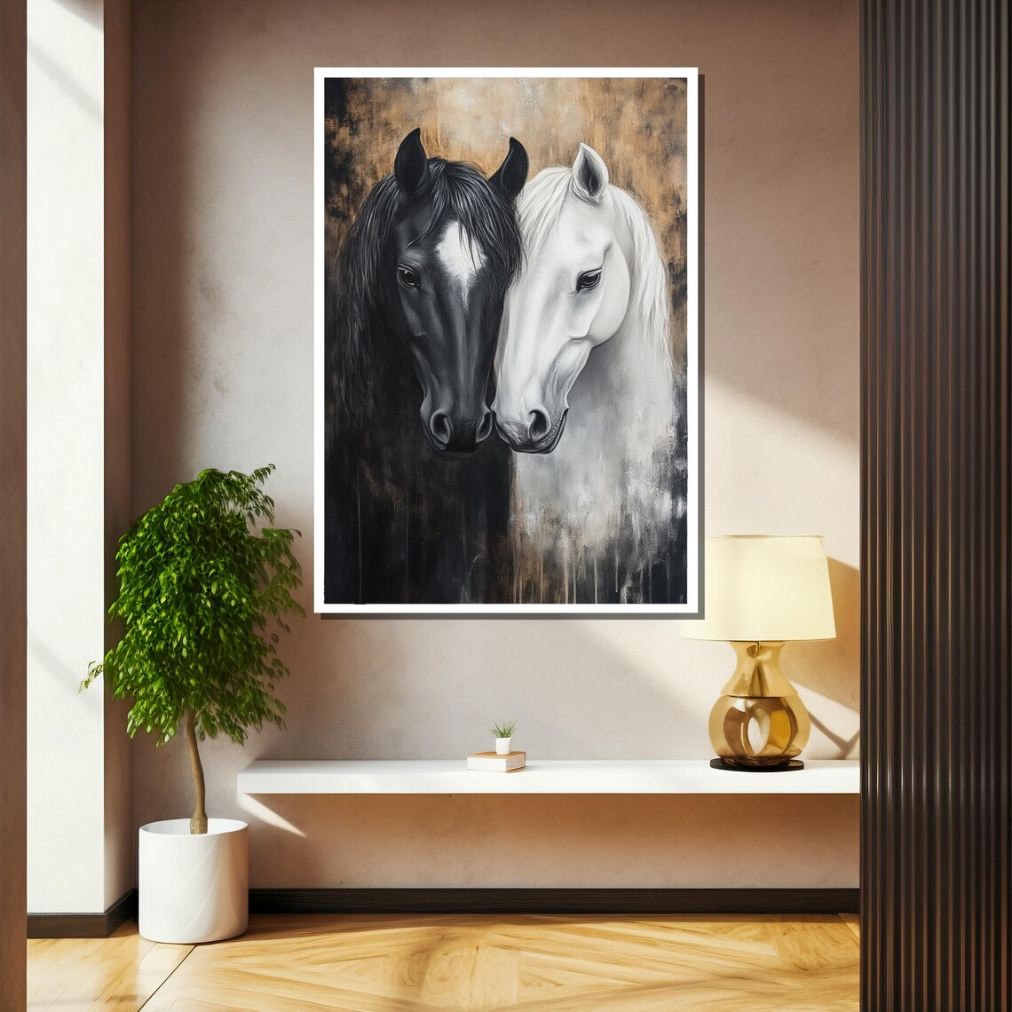 Black And White Horses Nuzzling Tender Dual Horse Portrait Art Poster - Image 2