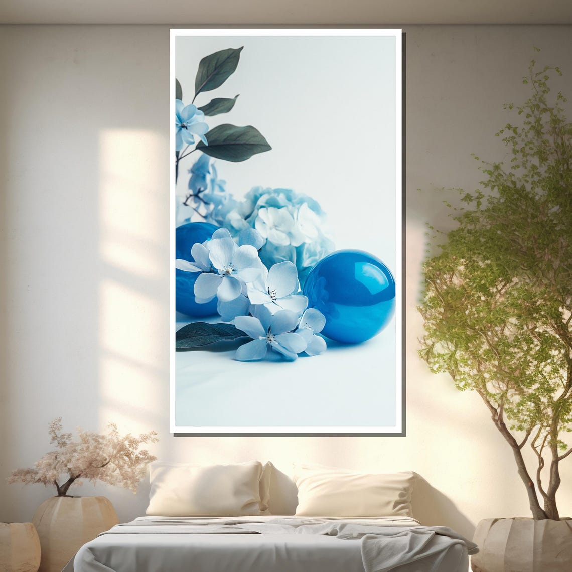 Blue Hydrangea Blossoms with Glass Spheres Minimal Floral Poster - Image 2