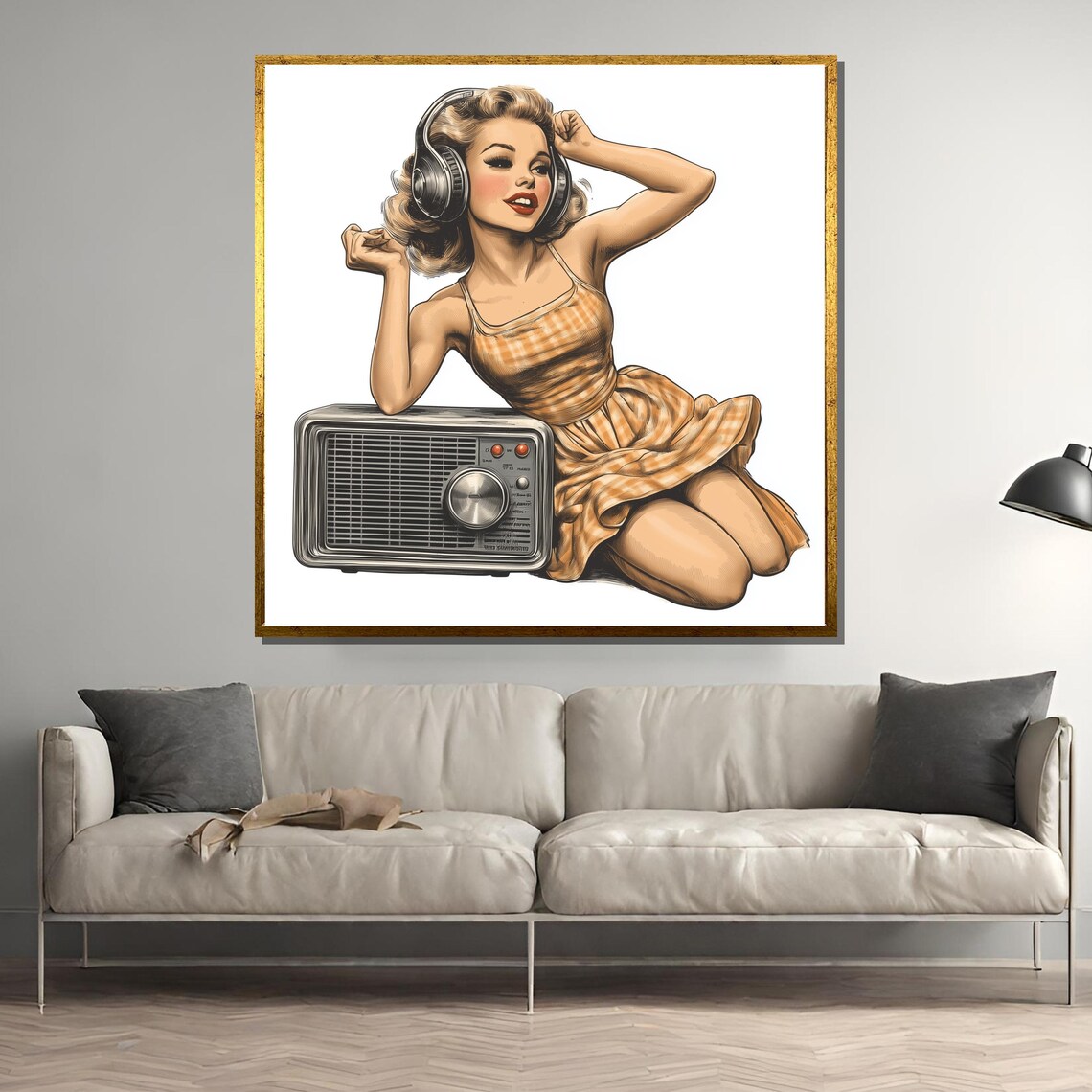 Retro Radio Girl Painting 1950s Vintage Music Art Pin Up Style Wall Decor Midcentury Gift For Music Lovers