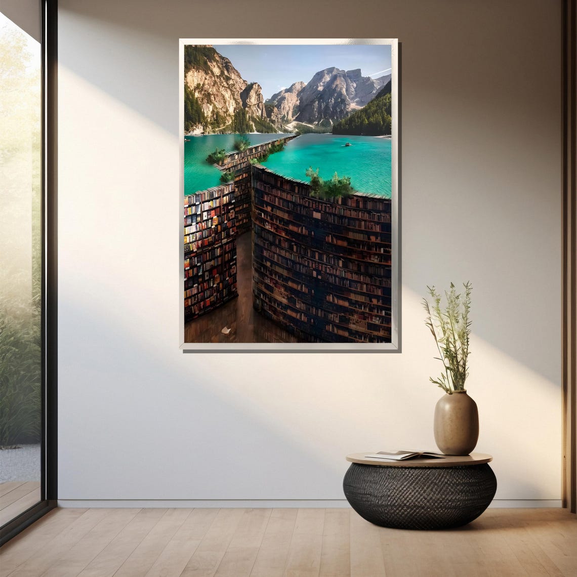 Surreal Book Lined Lake And Mountain Landscape Painting Dreamlike Nature And Knowledge Fusion Art Gift - Image 3