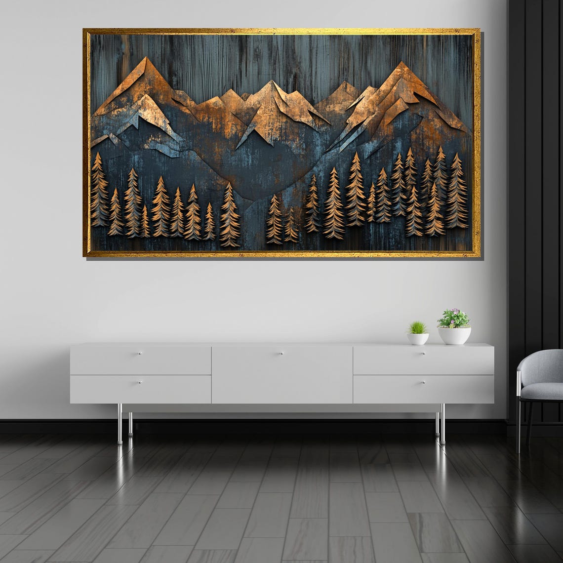 Rustic Metallic Mountain Painting Layered Forest Wall Art Gift For Modern Home Decor - Image 5