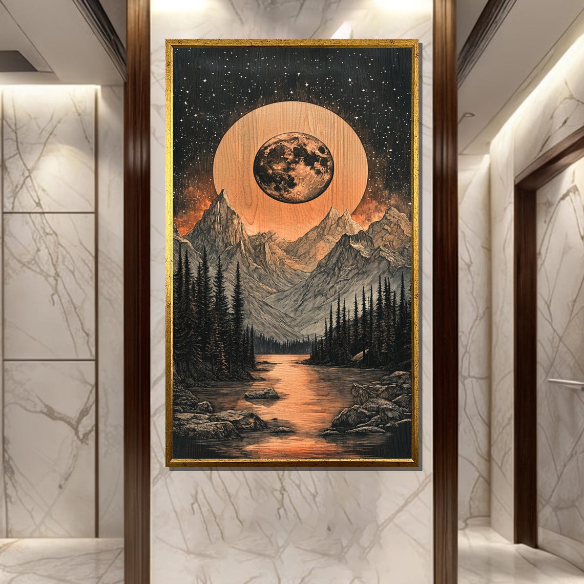 Moonlit Mountain Wood Engraving Painting Celestial Night Art Gift For Rustic Home Decor
