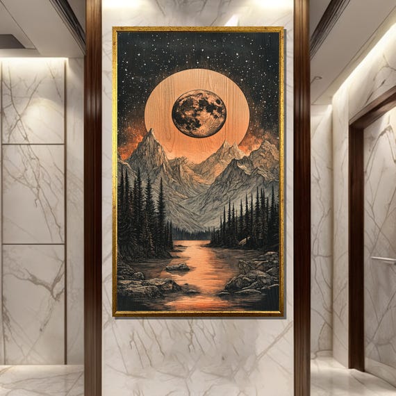 Moonlit Mountain Wood Engraving Painting Celestial Night Art Gift For Rustic Home Decor